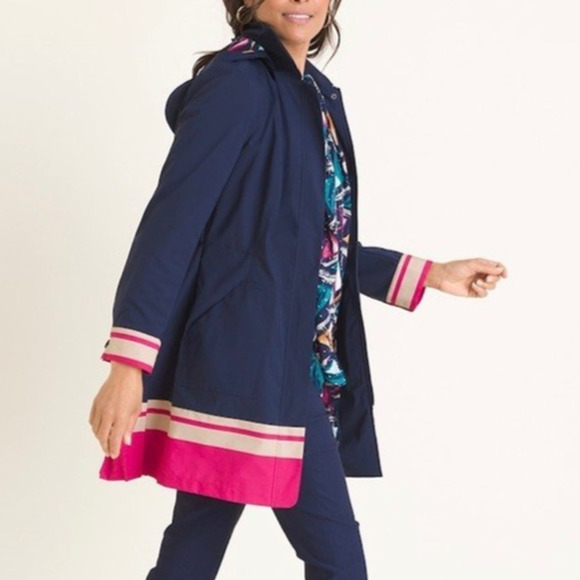 Chico's Jackets & Blazers - Chico's Hooded Rain Jacket Pleated Back Striped Hem Full Zip Navy Sz 2 US 12/14